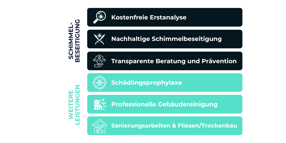 Kostenfreie Erstanalyse, nachhaltige Schimmelbeseitigung, Schädlingsprophylaxe, Professionelle Gebäudereinigung, Sanierungsarbeiten & Fliesen / Trockenbau Schimmelbeseitigung und Sanierungsarbeiten sowie Schimmelprophylaxe